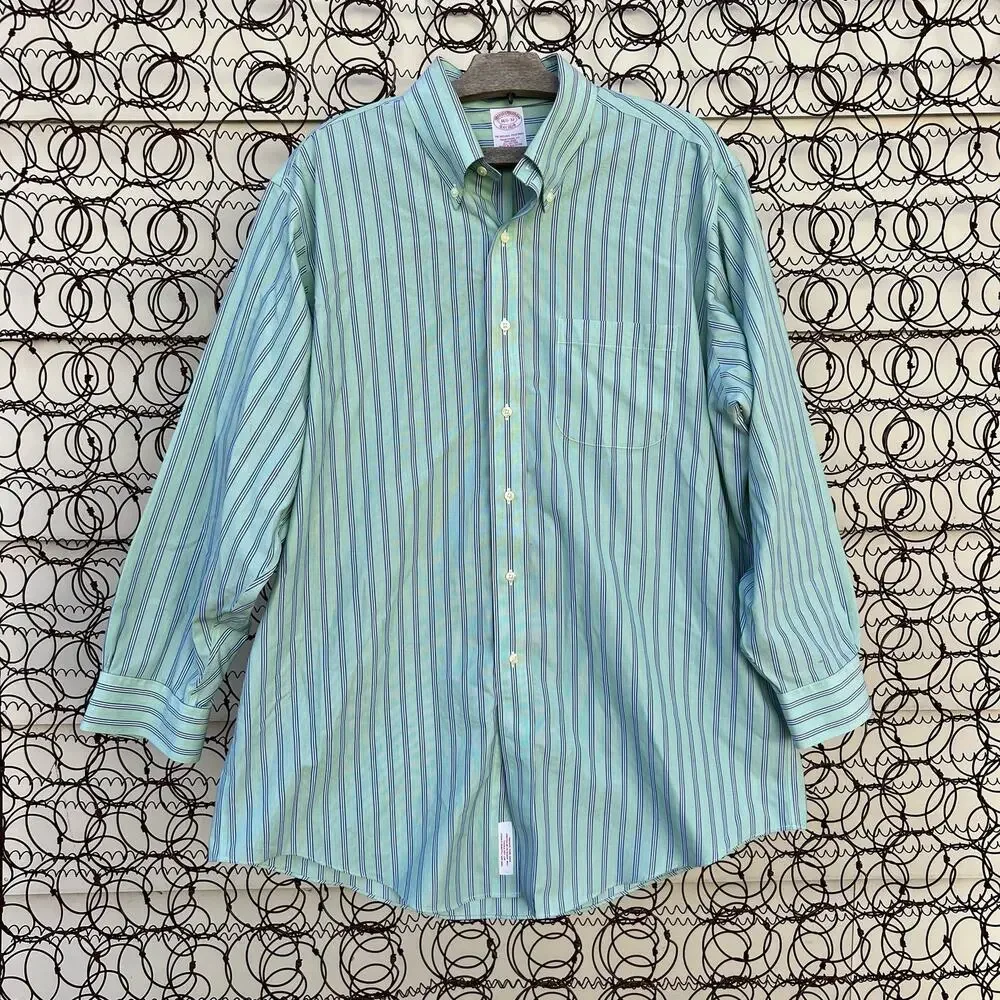 Brooks Brothers Original Polo Shirt Traditional Fit green blue stripe 16 1/2–32
